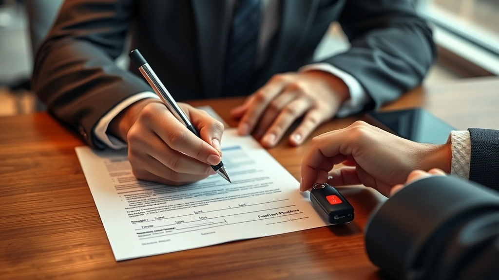 Hands signing automotive purchase agreement at wooden desk with pen, loan documents, and vehicle keys visible, professional business setting with warm lighting