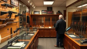 Licensed firearms dealer counter interior showing display cases with various rifles and shotguns, professional retail environment with customer consultation area, warm lighting, realistic gun shop setting