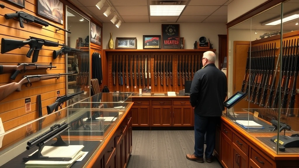 Licensed firearms dealer counter interior showing display cases with various rifles and shotguns, professional retail environment with customer consultation area, warm lighting, realistic gun shop setting