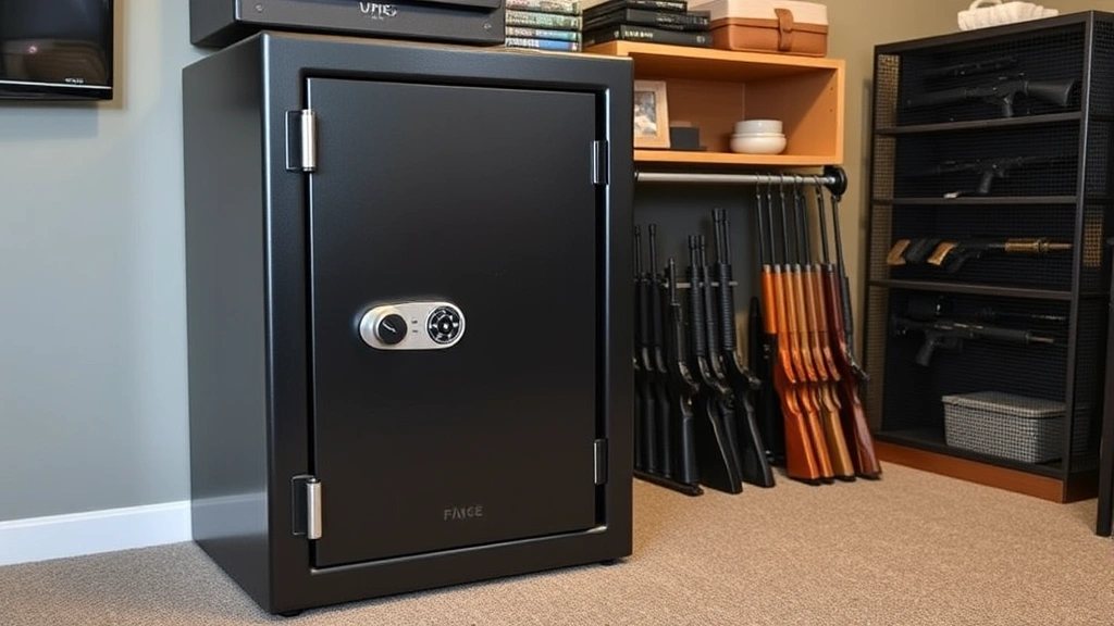 Secure gun safe and locking storage device displayed in home safe room, heavy-duty metal safe with lock mechanism, proper firearm storage solution, organized security setup