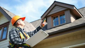 Professional home inspector examining residential roof with moisture meter and clipboard during daytime inspection, clear sky background