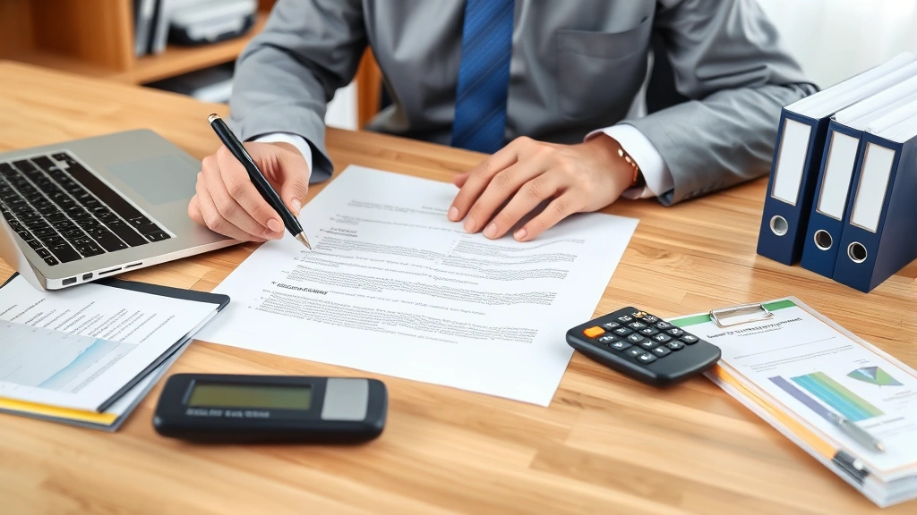 Real estate attorney reviewing purchase agreement documents at desk with laptop, calculator, and property files organized nearby