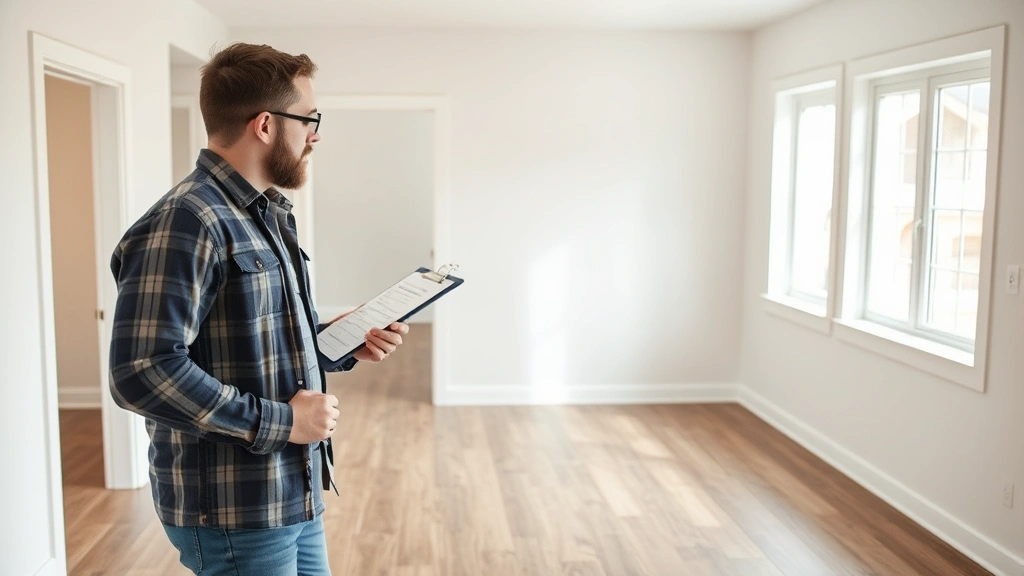Buyer conducting final walkthrough of empty residential home interior, examining flooring and walls with clipboard checklist