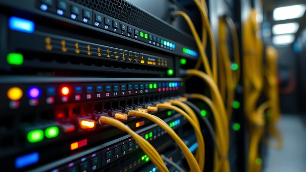 Detailed close-up of network server rack with glowing LED indicators and ethernet cables in a data center, showing active network connections and hardware infrastructure