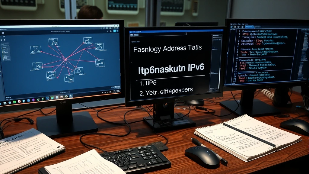 Professional workspace showing multiple computer monitors displaying network topology diagrams and IPv6 address calculations, with technical documentation and notepads visible