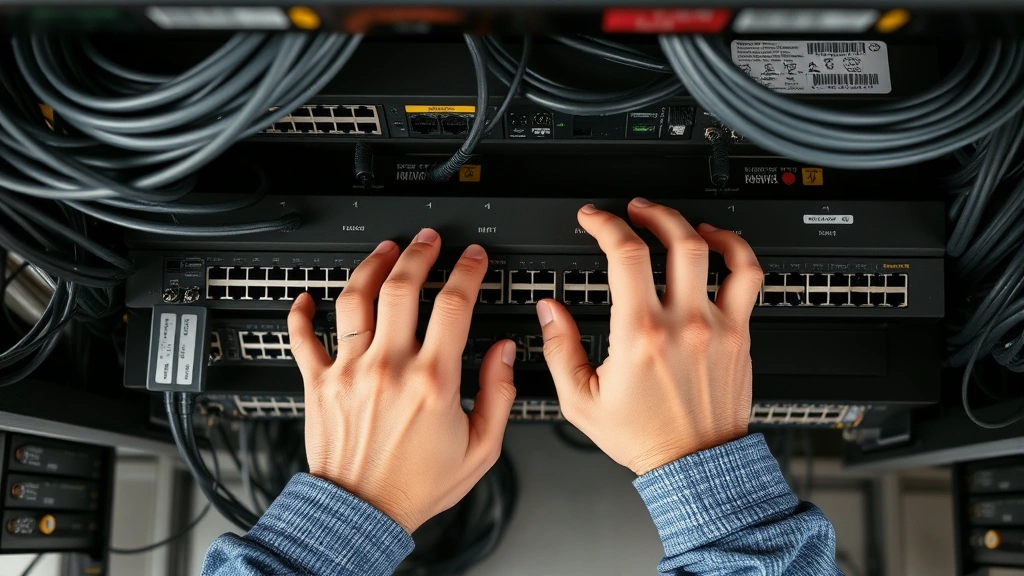 Overhead view of hands working on network equipment, with cables, routers, and connection ports visible, showing hands-on network administration and infrastructure setup