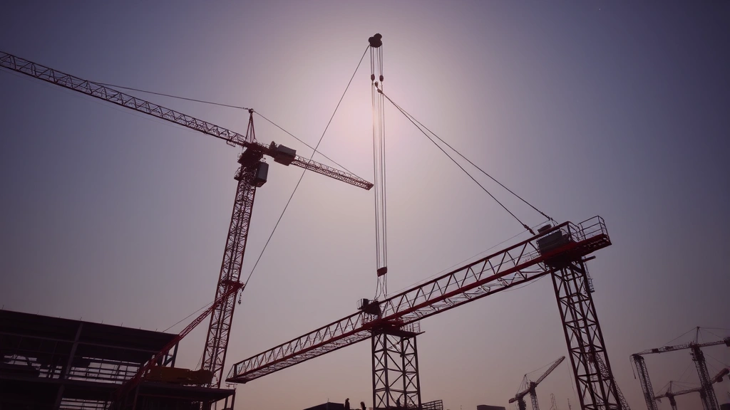 A construction crane lifting a steel beam with motion lines indicating upward acceleration, workers visible below for scale, daytime site lighting