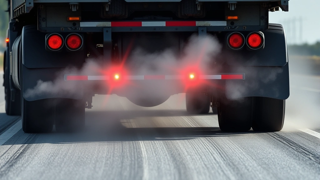 A heavy-duty truck braking with visible tire marks on asphalt, dust cloud showing deceleration motion, clear brake lights illuminated, outdoor daylight