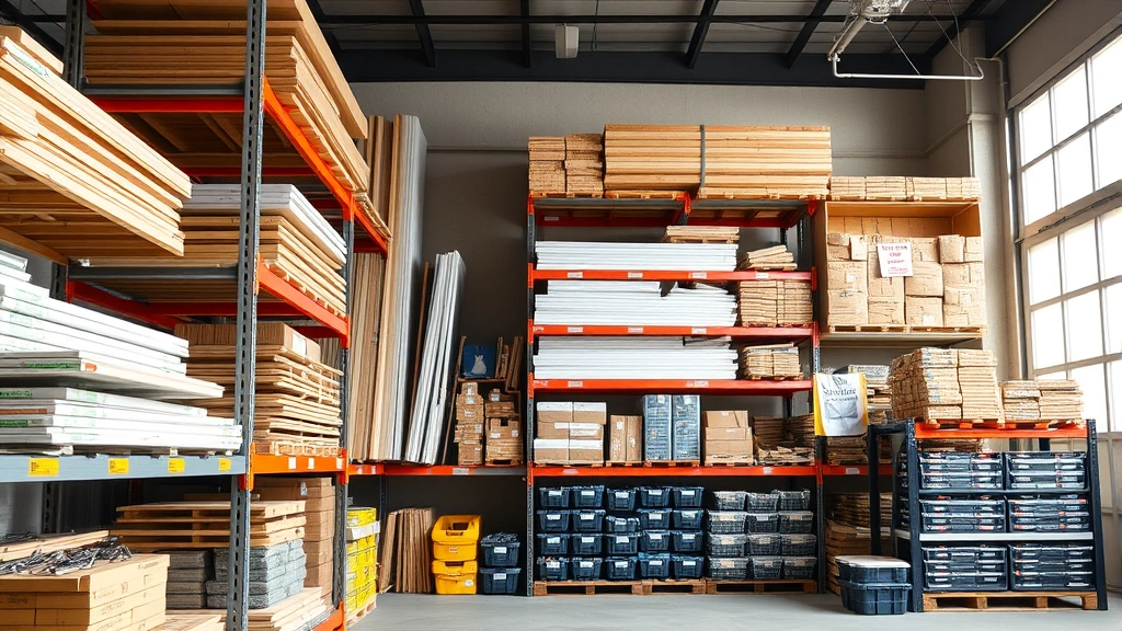Organized warehouse shelving with neatly stacked construction materials, lumber, drywall sheets, and organized bins of fasteners and hardware in bright natural lighting