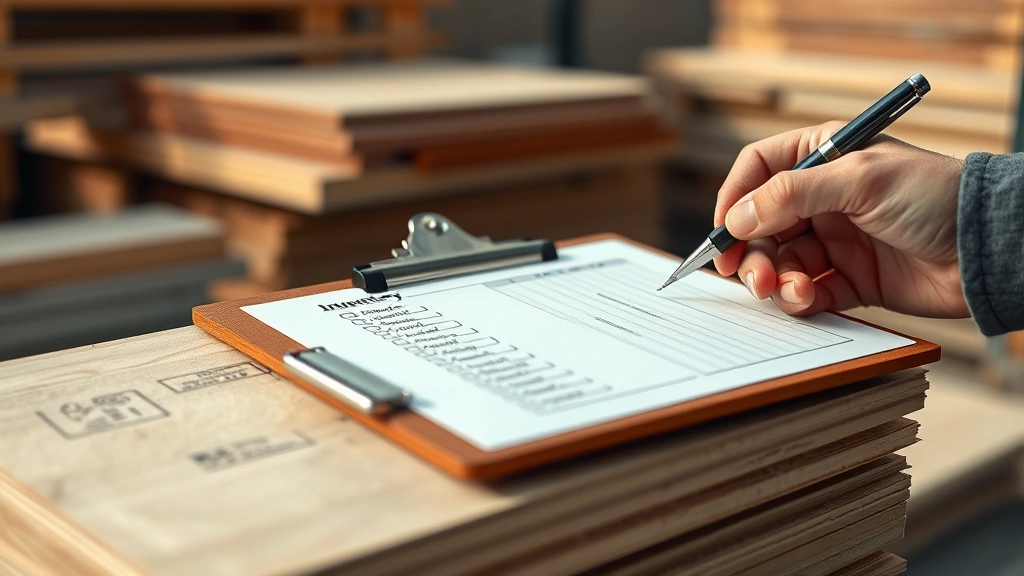 Close-up of a clipboard with inventory checklist and pen, sitting on top of stacked building materials with a construction worker's hand visible taking notes