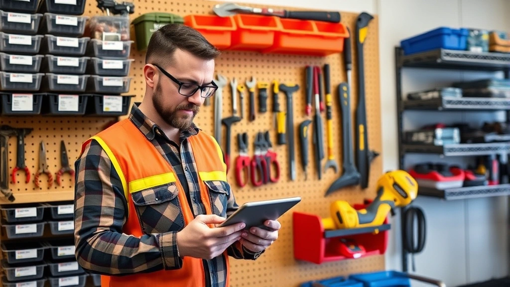 Contractor reviewing inventory data on tablet while standing in front of organized tool storage wall with labeled bins, pegboard organization, and equipment racks