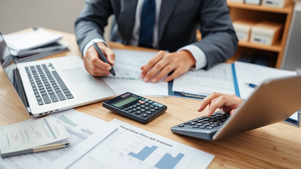 Professional accountant reviewing financial statements and debt calculations on desk with calculator, laptop showing spreadsheet data, organized office environment with real estate documents
