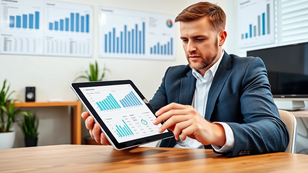 Commercial property manager analyzing rental income charts and expense reports on tablet, multiple property portfolios visible, modern office setting with financial graphs on wall