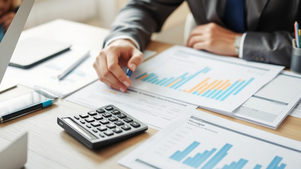Real estate investor comparing property valuations and mortgage documents at desk, calculator and financial analysis tools visible, natural lighting highlighting professional workspace