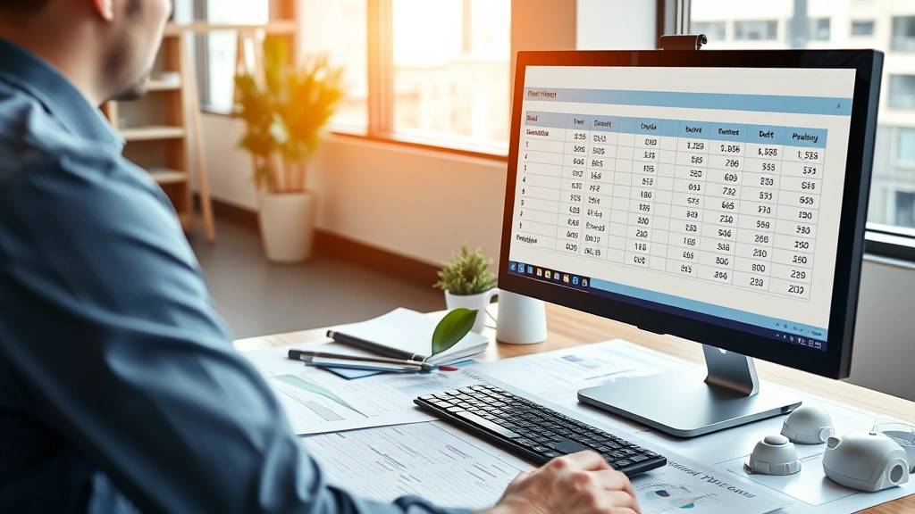 Construction company financial analyst reviewing balance sheet data on computer screen in modern office, spreadsheet showing debt and equity figures, professional workplace setting with construction blueprints visible on desk