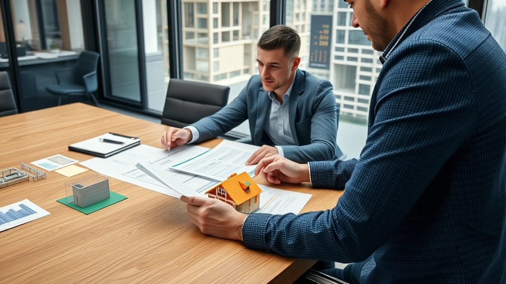 Real estate developer meeting with contractor reviewing property development budget and financing documents, discussing project costs and enterprise valuation, construction site models visible on conference table