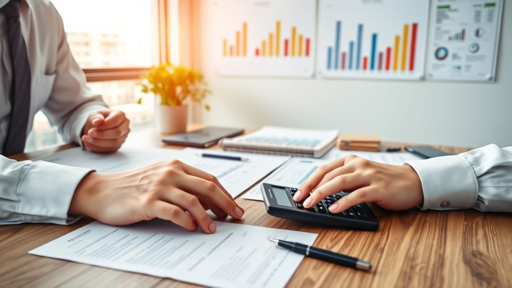 Financial professional calculating business metrics on desk with calculator, financial statements, and documents spread out, modern office environment with construction industry charts on wall