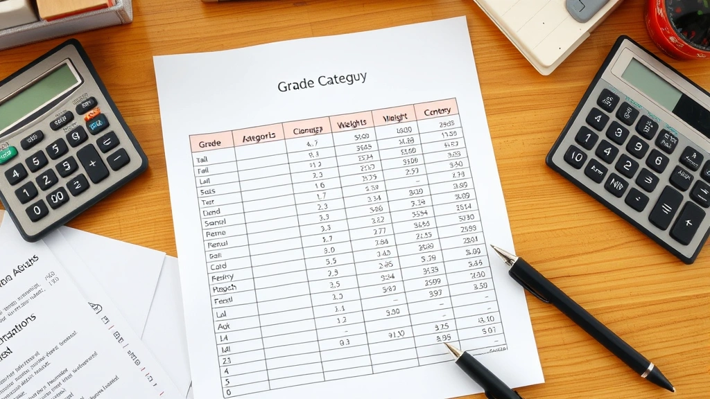 Organized spreadsheet printout on desk with grade categories, weights, and calculations visible, calculator and pen nearby, academic environment
