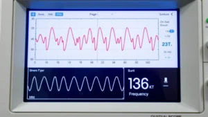Close-up of digital oscilloscope display showing sinusoidal waveform with frequency measurement readout, professional laboratory setting, clean white background