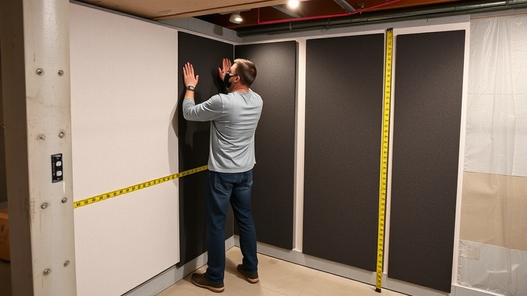 Sound technician installing acoustic foam panels on basement walls with measuring tape visible, modern residential basement space with concrete walls