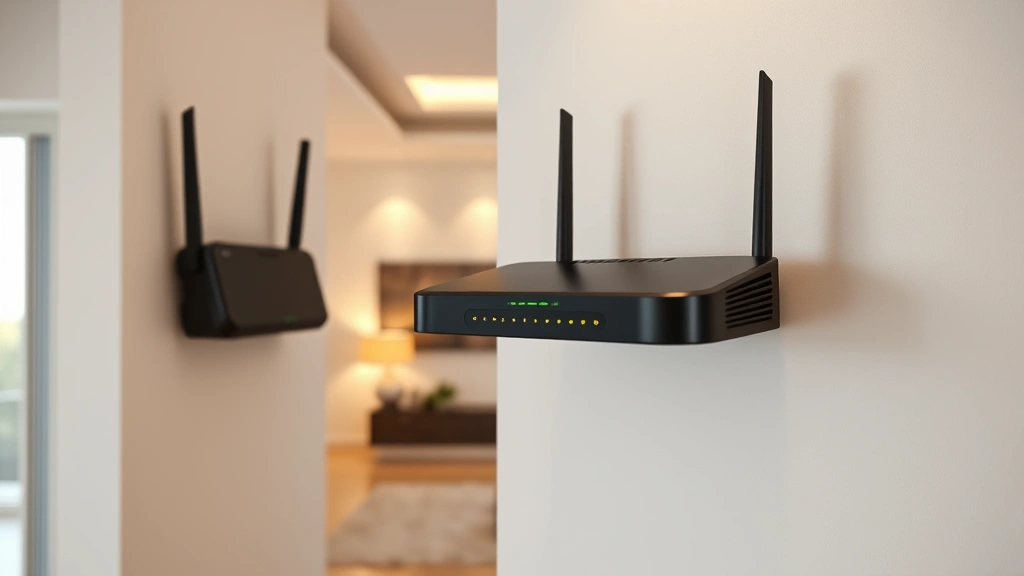 Wireless router mounted on interior wall showing signal strength indicator lights, home networking setup in contemporary living room with furniture