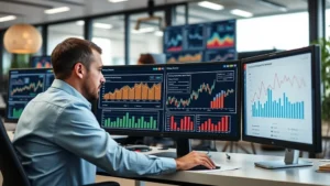 Professional economist analyzing labor statistics on computer dashboard with employment charts and graphs visible, modern office environment with multiple monitors showing workforce data