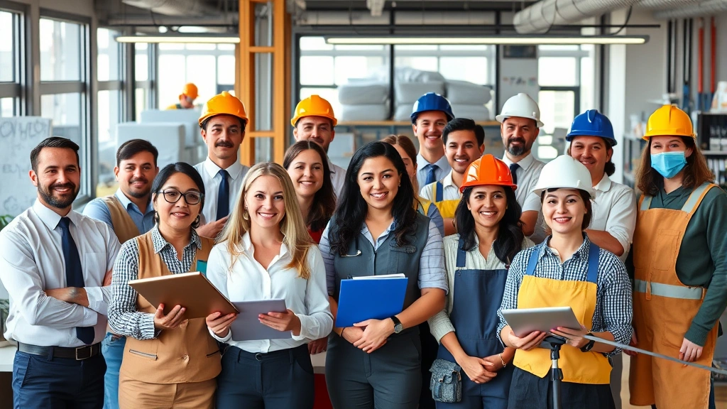 Diverse group of workers in various professional settings including office, construction, and service industry, representing different segments of active labor force participation
