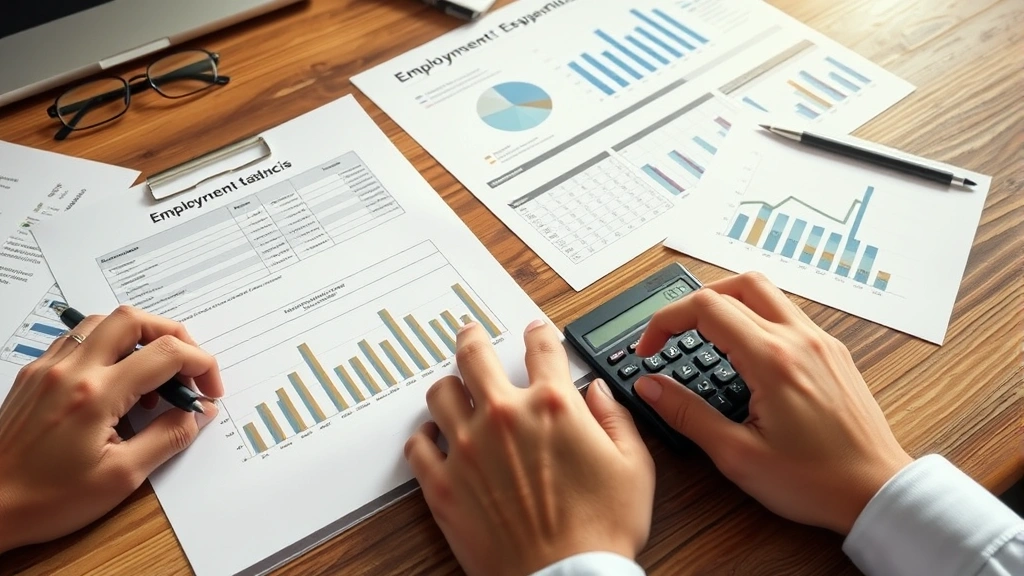 Close-up of hands reviewing employment documents and labor force statistics spreadsheets with calculator and demographic data charts on wooden desk