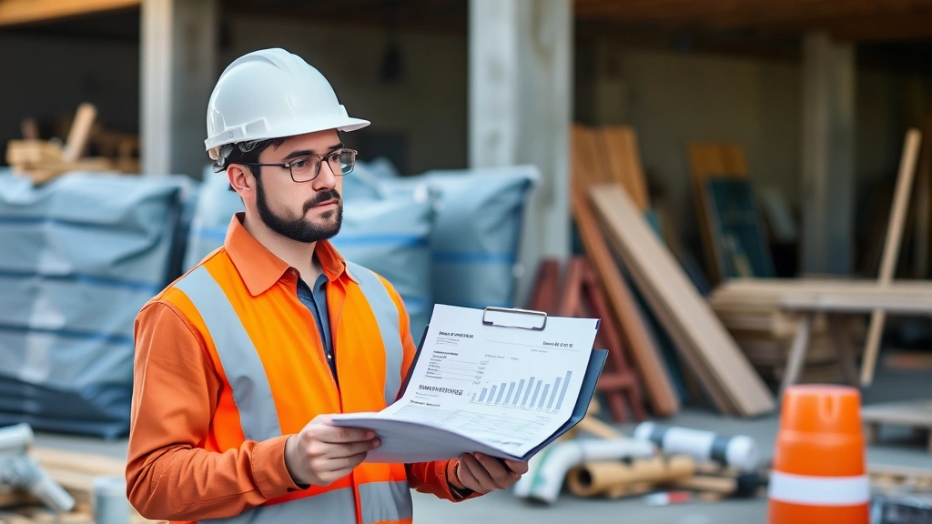 Construction worker reviewing material quotes and cost estimates on a clipboard at a job site with building materials visible in background