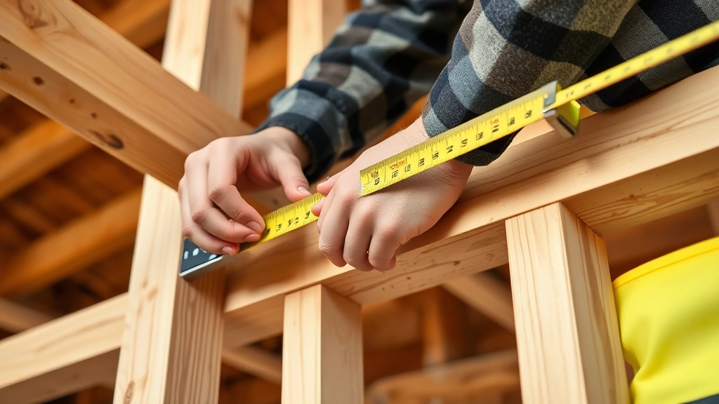 Close-up of contractor measuring building dimensions with measuring tape on wooden framing, showing precise measurement techniques