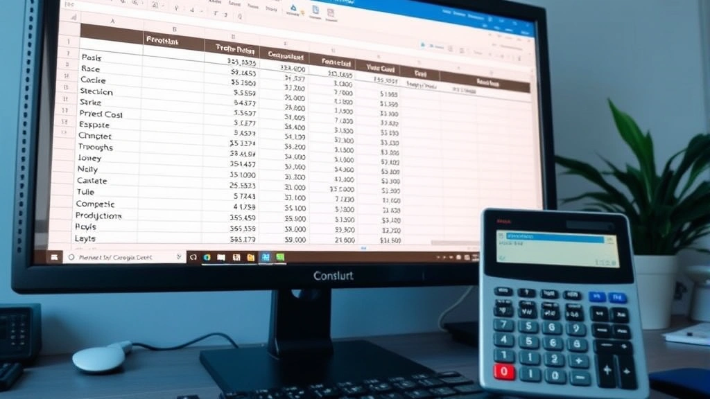 Spreadsheet display on computer screen showing construction cost data with calculator, representing statistical analysis for project budgeting