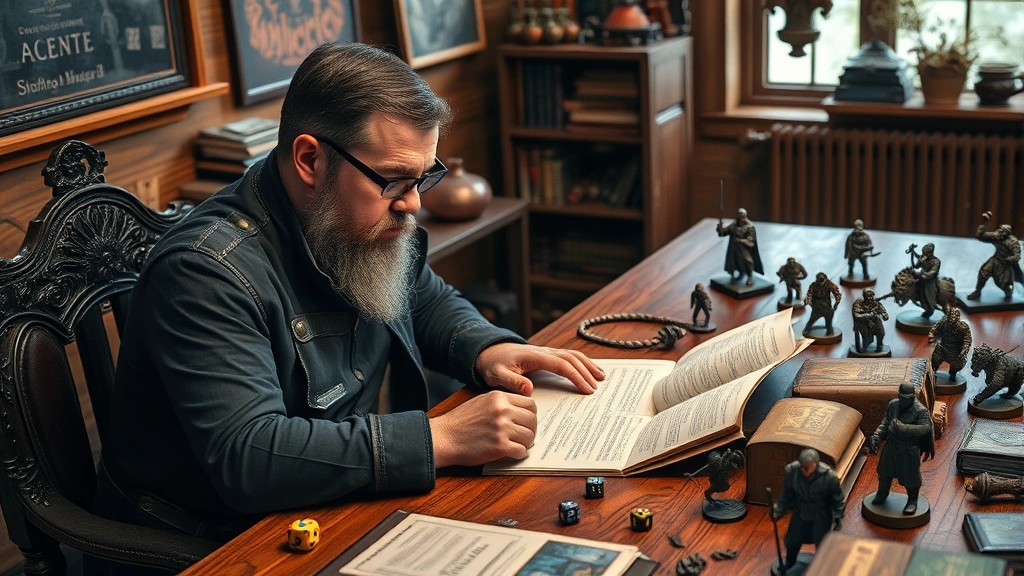 A professional dungeon master sitting at a wooden gaming table surrounded by miniature figures, rulebooks, and dice, carefully reviewing character sheets with concentration and expertise