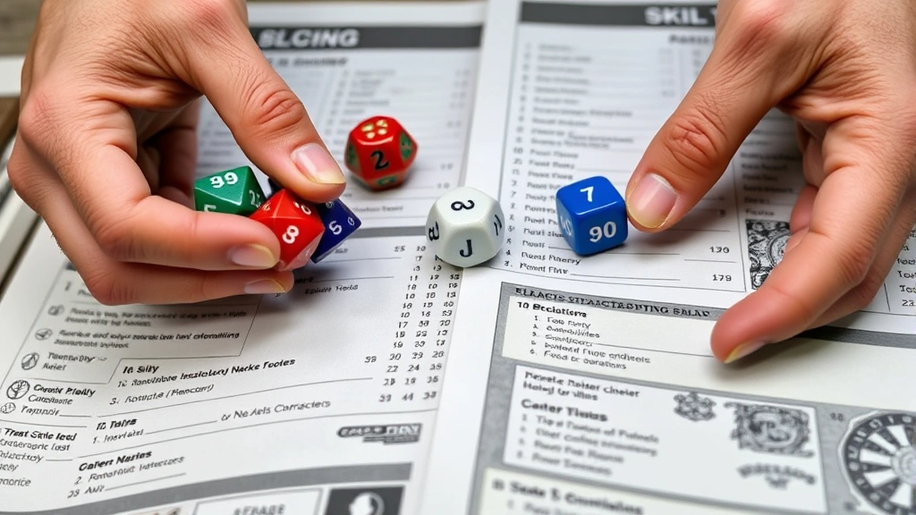 Close-up of hands holding polyhedral dice and character sheets with ability scores and skill modifiers clearly visible, showing the detailed planning of a tabletop RPG character