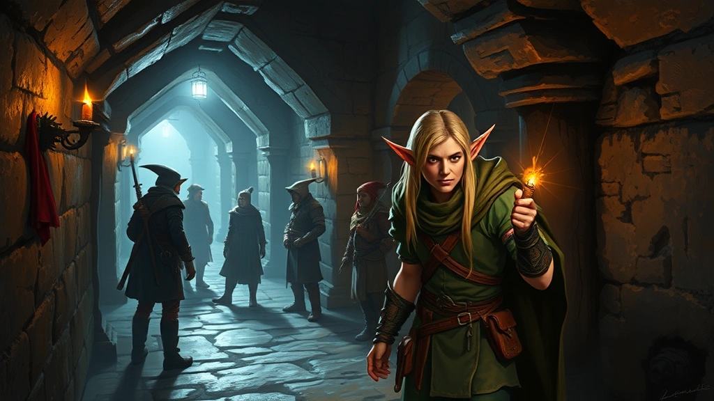 An adventuring party of fantasy characters in a dungeon corridor, with one elf ranger in the foreground examining the environment alertly while companions stand behind, torchlight casting shadows
