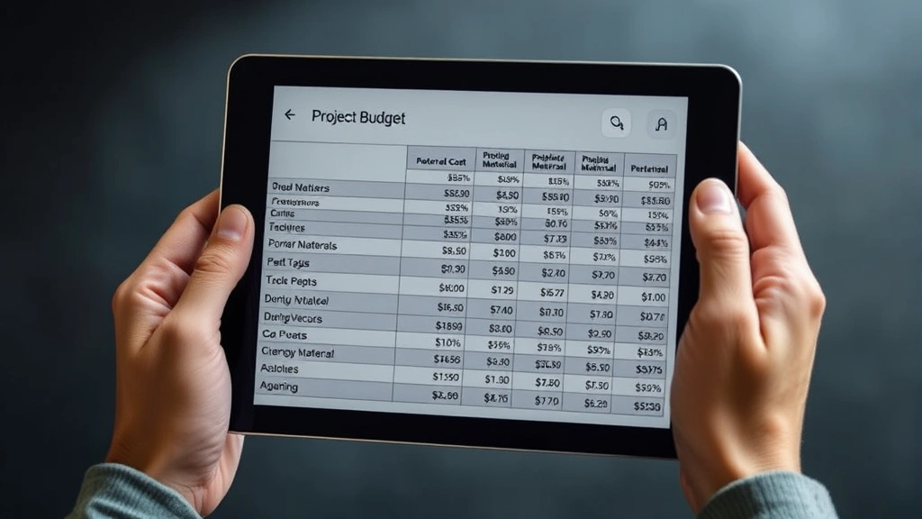 Hands holding a tablet displaying a project budget spreadsheet with multiple rows of building materials and their corresponding percentage changes in cost