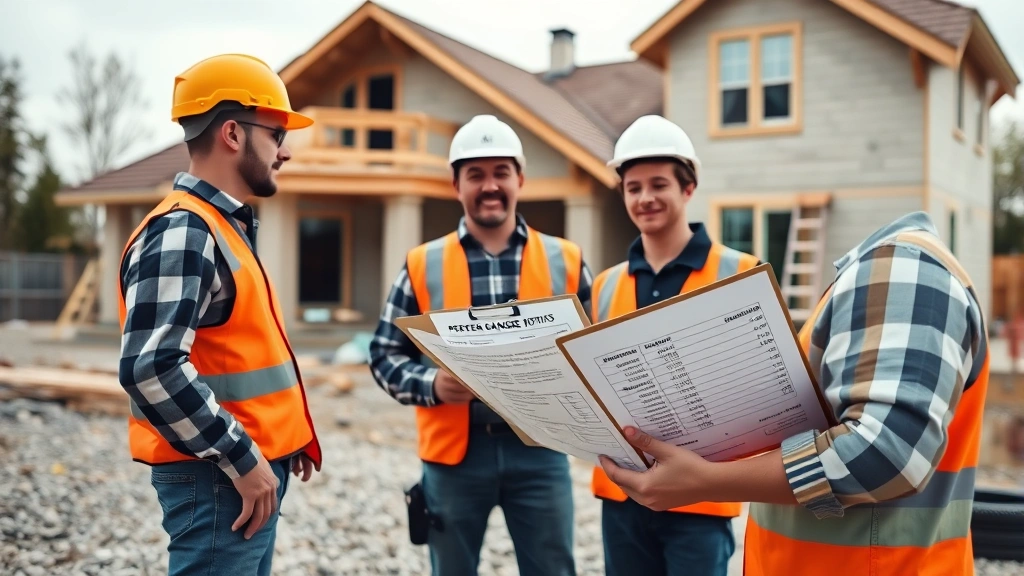 Wide view of home construction site with workers reviewing printed budget reports on a clipboard, showing percent change analysis for renovation expenses