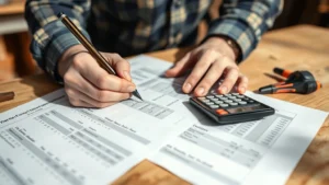 Close-up of a carpenter's hands writing measurements and budget calculations on a wooden workbench with a pencil, calculator, and cost estimate papers spread out, natural workshop lighting