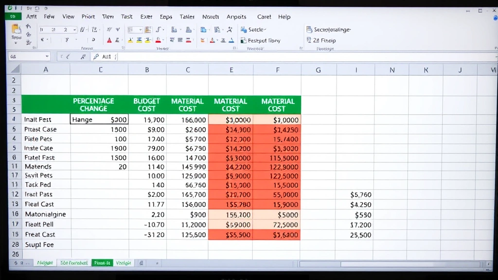 Detailed view of a professional-looking Excel spreadsheet with percentage change calculations, conditional formatting with color-coded cells in green and red, budget tracking columns, and material cost comparisons clearly visible on monitor