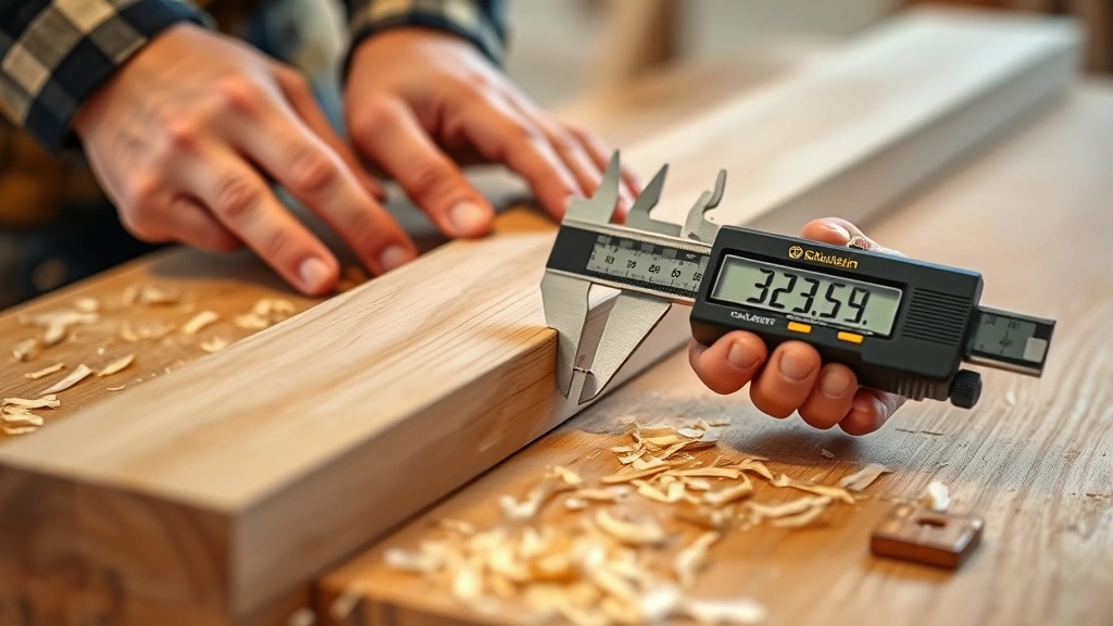 Close-up of a carpenter's hands using a digital caliper to measure lumber thickness on a workbench with wood shavings, showing precision measurement for construction accuracy