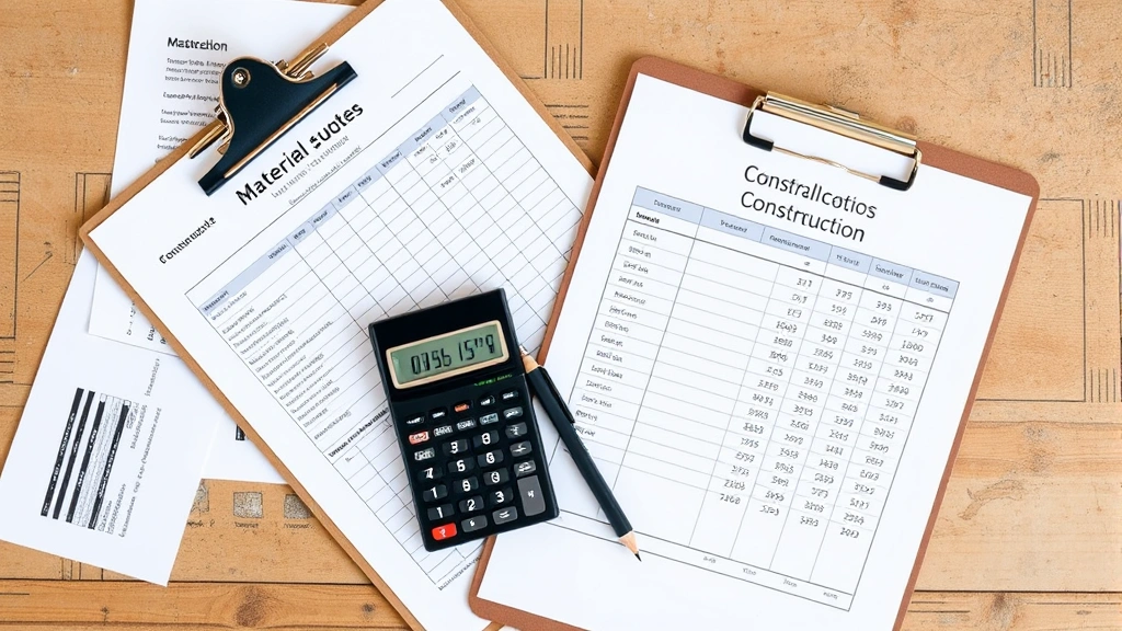 Overhead view of a construction clipboard with printed material quotes and cost comparison spreadsheet, alongside a calculator and pencil on a job site table