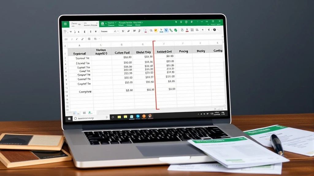 Split-screen comparison showing a laptop displaying an Excel spreadsheet with percent difference calculations next to physical material samples and pricing documents on a wooden surface