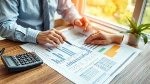 Architect reviewing detailed construction cost spreadsheet and blueprints on desk with calculator and cost estimation documents, professional office setting with natural lighting