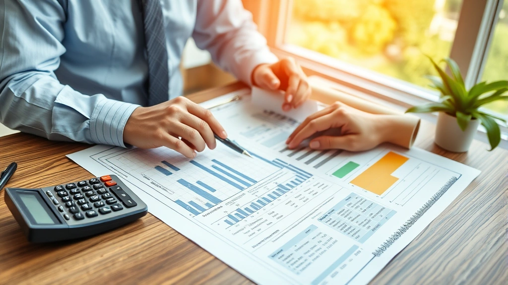 Architect reviewing detailed construction cost spreadsheet and blueprints on desk with calculator and cost estimation documents, professional office setting with natural lighting