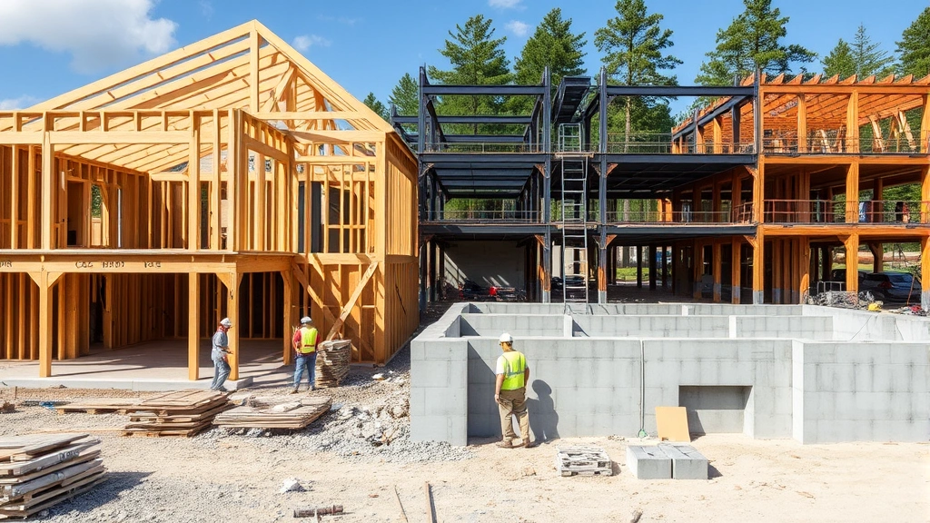 Construction site showing diverse structural systems comparison - wood framing, steel structure, and concrete foundation areas visible, multiple workers in safety gear