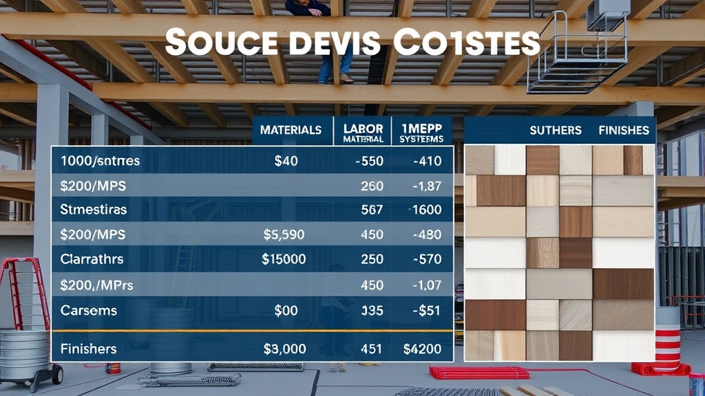 Detailed breakdown of construction cost components displayed visually - materials, labor, MEP systems, finishes represented in construction site context with workers and equipment