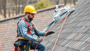 Construction worker wearing full safety harness and fall protection equipment working on residential roofing installation, demonstrating proper safety protocol implementation