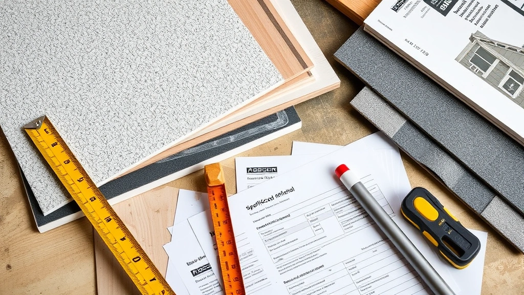 Close-up of construction materials including drywall, siding samples, and roofing materials arranged with measurement tools and specification sheets on work surface