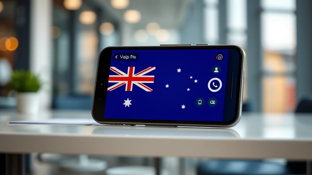 Close-up of a modern smartphone displaying a VoIP calling application interface with Australia country flag, professional office background, natural lighting, photorealistic