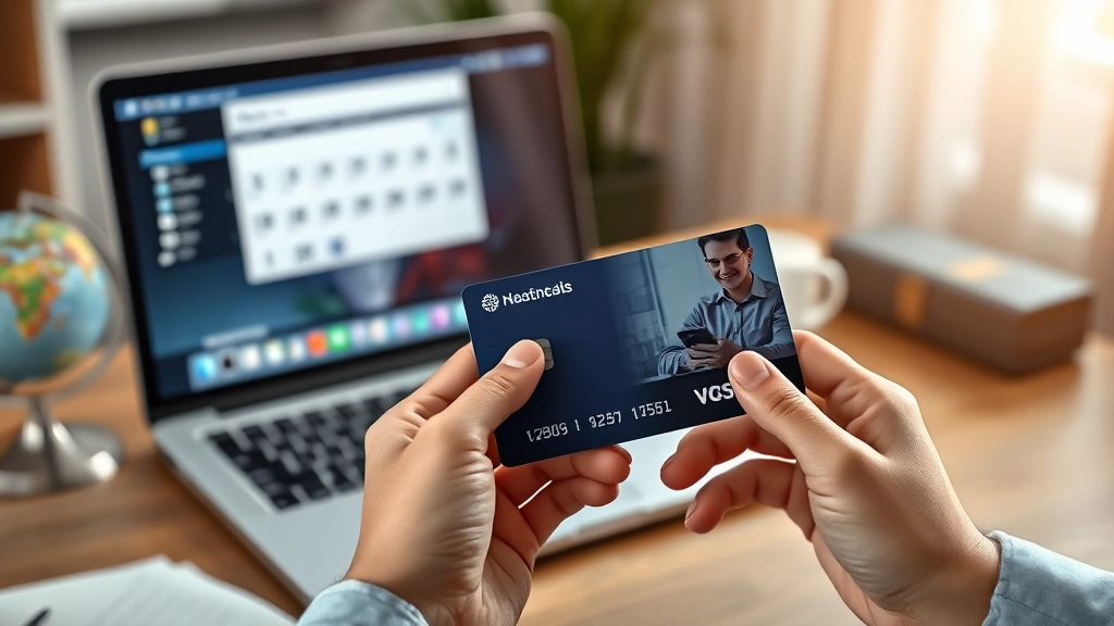 Hands holding an international phone card next to a laptop showing video call interface, desk setup with globe and calendar, warm professional setting, photorealistic