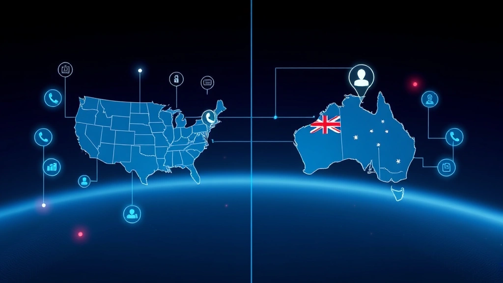 Composite split-screen showing digital communication icons (phone, chat, video) connecting US and Australia maps, modern tech aesthetic, clean background, photorealistic